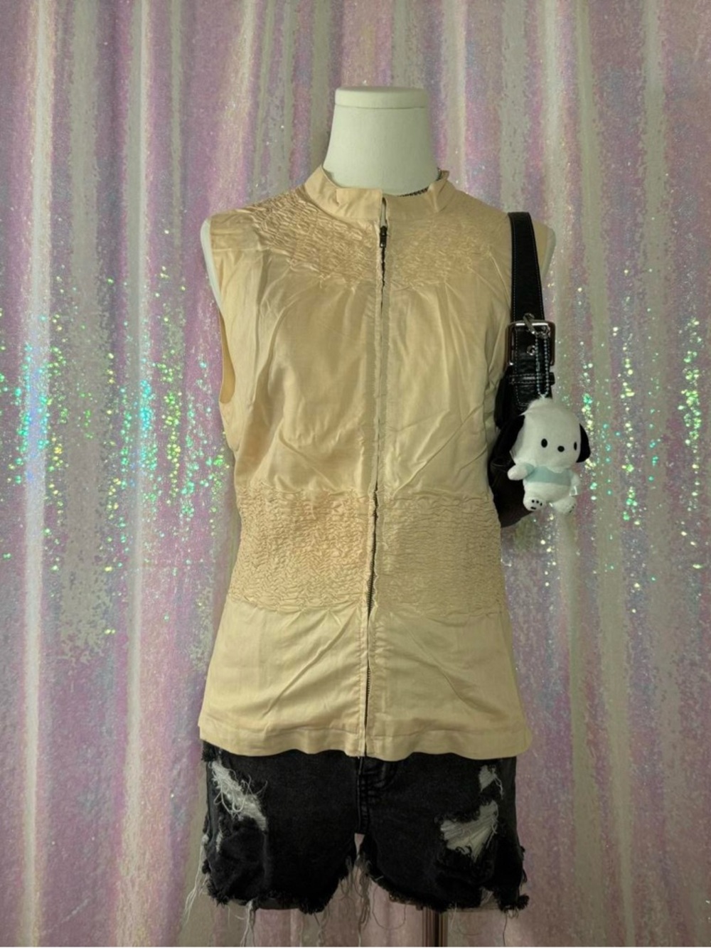 Sheri Bodell Cream / Yellow Zip-Up Sleeveless Vest Top (M) ★彡